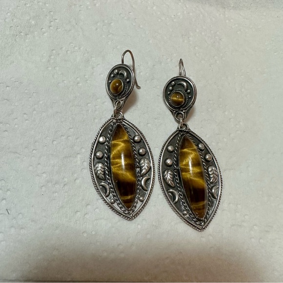 Sterling Silver Native Tiger's Eye Drop Earrings - Gold Brown Gemstones vintage - Picture 3 of 7